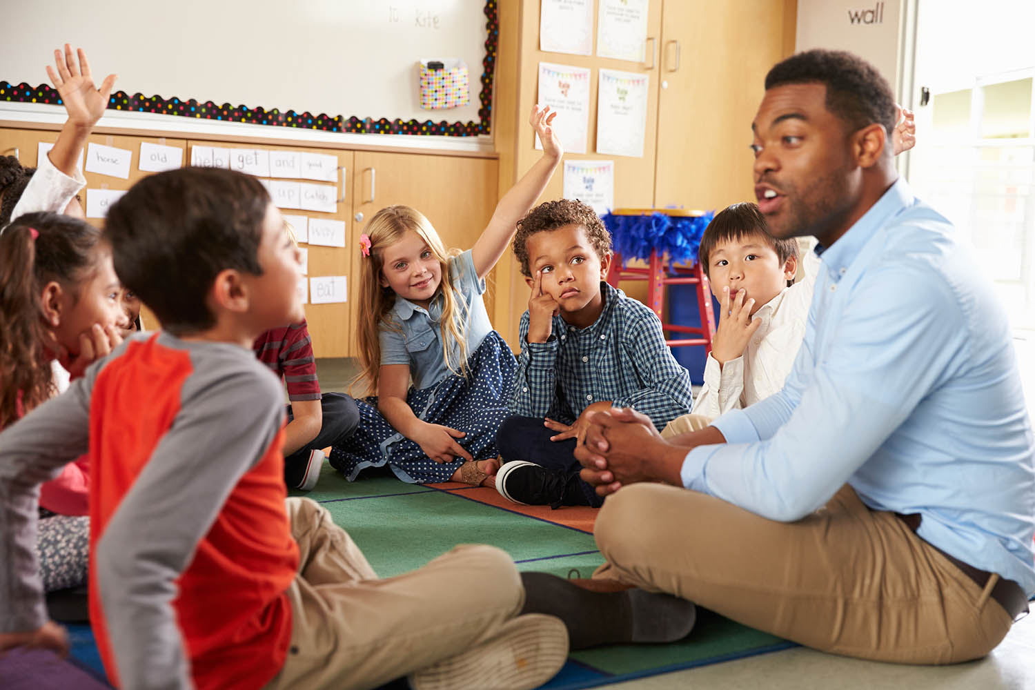 A class of young students sitting in a circle having a discussion with their teacher.