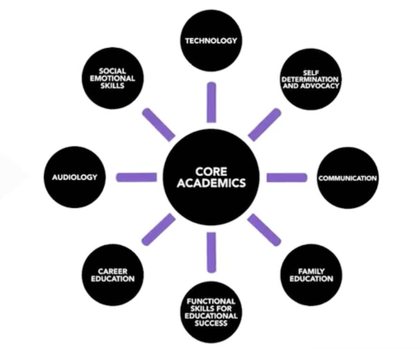 Web graphic organizer with “Core Academics” in the middle and eight prongs listing the ECC domains including: social emotional skills, technology, self determination and advocacy, communication, family education, functional skills for educational success, career education, and audiology.