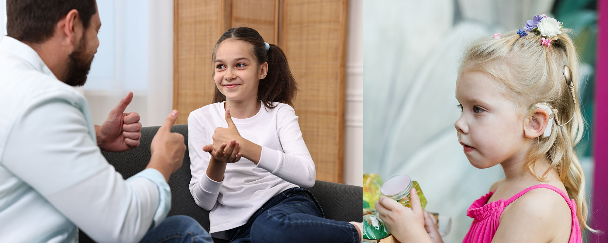 Left, adult and child signing. Right, child wearing a cochlear implant.